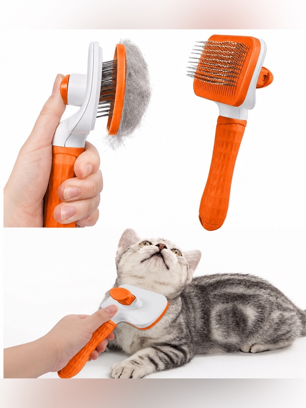 Self Cleaning Pet Grooming Slicker Brush Dog Cat Hair Remover Orange New Unused
